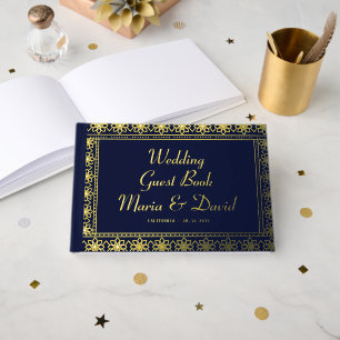 Floral Ornament Golden Border Navy Blue Wedding Guest Book