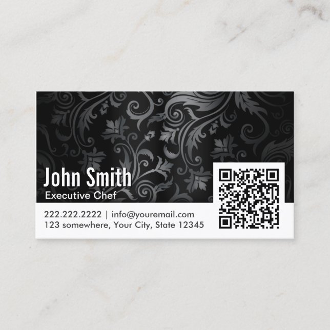 Floral Ornament QR Code Chef Business Card (Front)