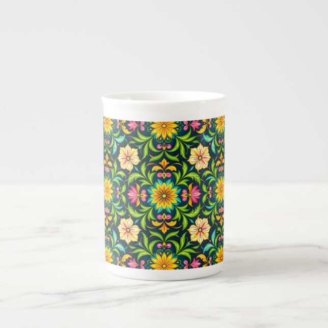 Floral Ornamental Pattern in Vibrant Colours Bone China Mug (Front)