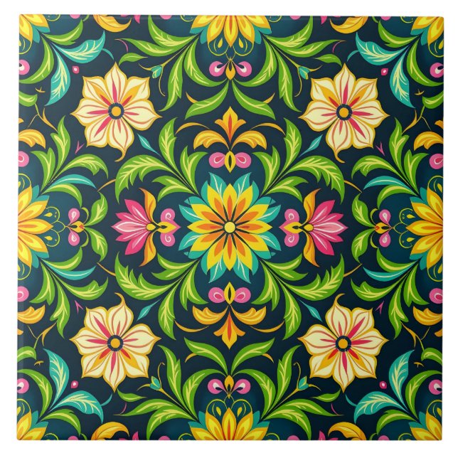 Floral Ornamental Pattern in Vibrant Colours Ceramic Tile (Front)