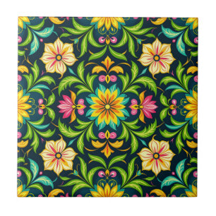Floral Ornamental Pattern in Vibrant Colours Ceramic Tile