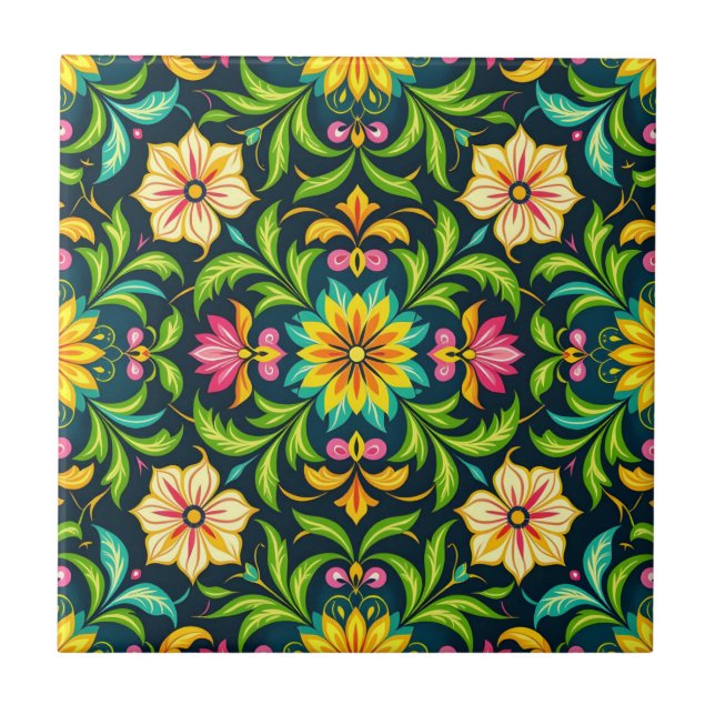 Floral Ornamental Pattern in Vibrant Colours Ceramic Tile (Front)