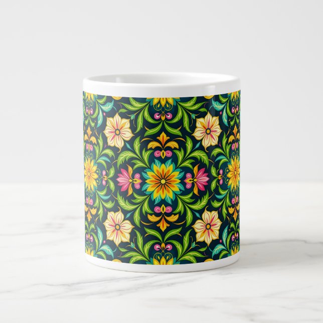 Floral Ornamental Pattern in Vibrant Colours Large Coffee Mug (Front)