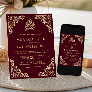 Floral Ornate Burgundy Gold Islamic Muslim Wedding Invitation