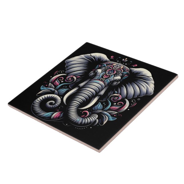 Floral ornate elephant design ceramic tile (Side)