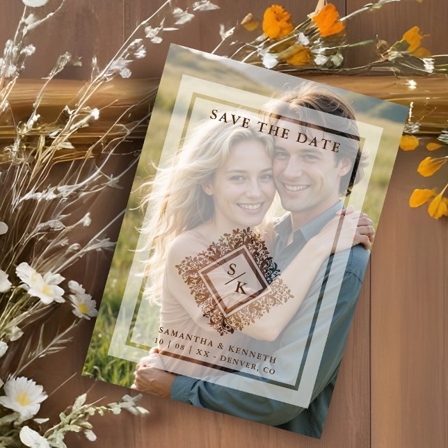 Floral Ornate Frame Diamond Shape Wedding Initials Magnetic Invitation (Floral Ornate Frame in Diamond Shape with Initials Photo Wedding Magnetic Save the Date Card.)