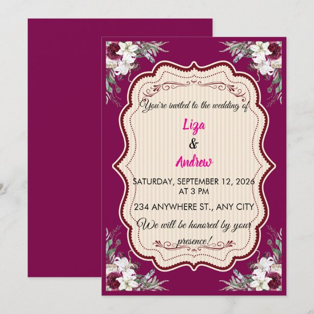  Floral Ornate Frame Wedding Invitation (Front/Back)