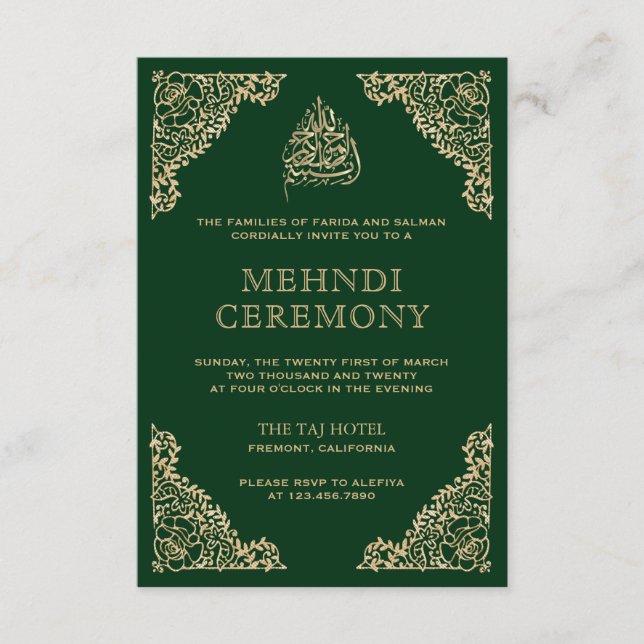 Floral Ornate Green and Gold Islamic Muslim Mehndi Enclosure Card (Front)