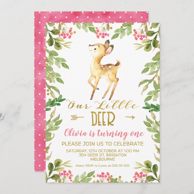 Floral Our Little Deer Birthday Party Invitation (Front/Back)