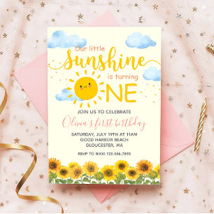 Floral Our Little Sunshine 1st Birthday Sunflower Invitation