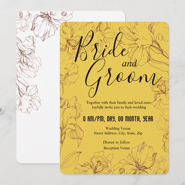 Floral Outline Design in Yellow Mustard BG Wedding Invitation (Front/Back)