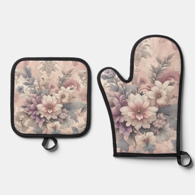 Floral Oven Gloves Oven Mitt & Pot Holder Set (Front)