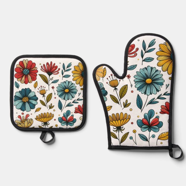 Floral Oven Mitt And Pot Holder Set Retro Folk Art (Front)