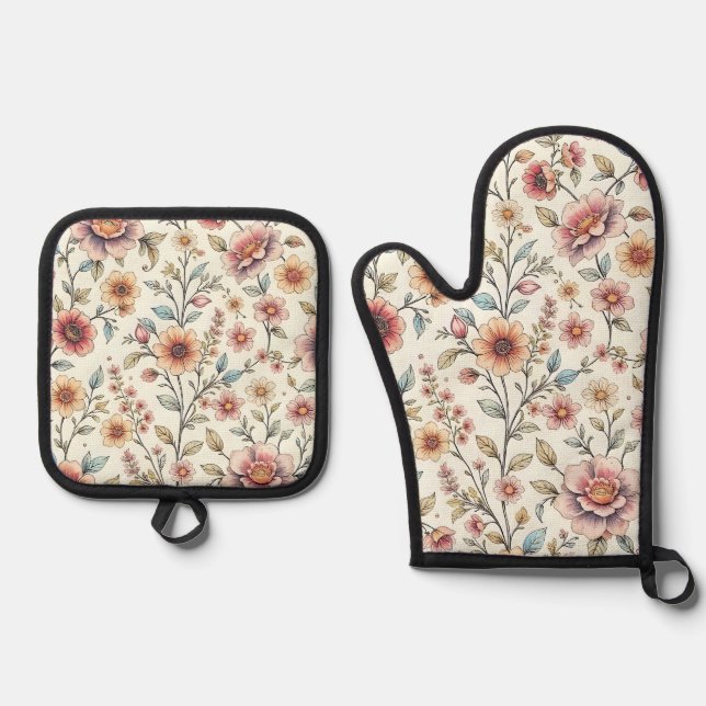 Floral Oven Mitt & Pot Holder Set (Front)