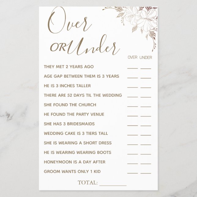 Floral Over or Under Bridal shower game card Flyer (Front)