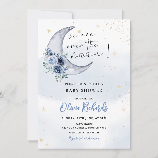 Floral Over The Moon Baby Shower Invitation (Front)