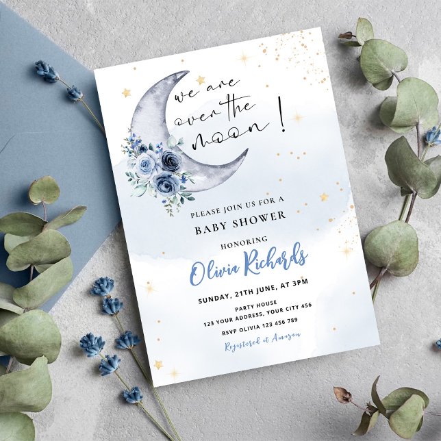 Floral Over The Moon Baby Shower Invitation (Creator Uploaded)