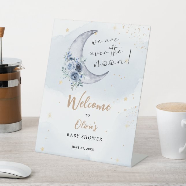 Floral Over The Moon Baby Shower Welcome Pedestal Sign (In SItu)