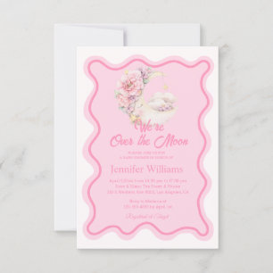 floral over the moon pink wavy frame baby shower invitation