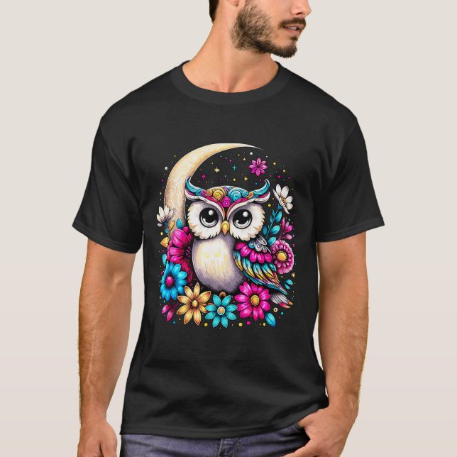 Floral Owl And Moon  T-Shirt (Front)