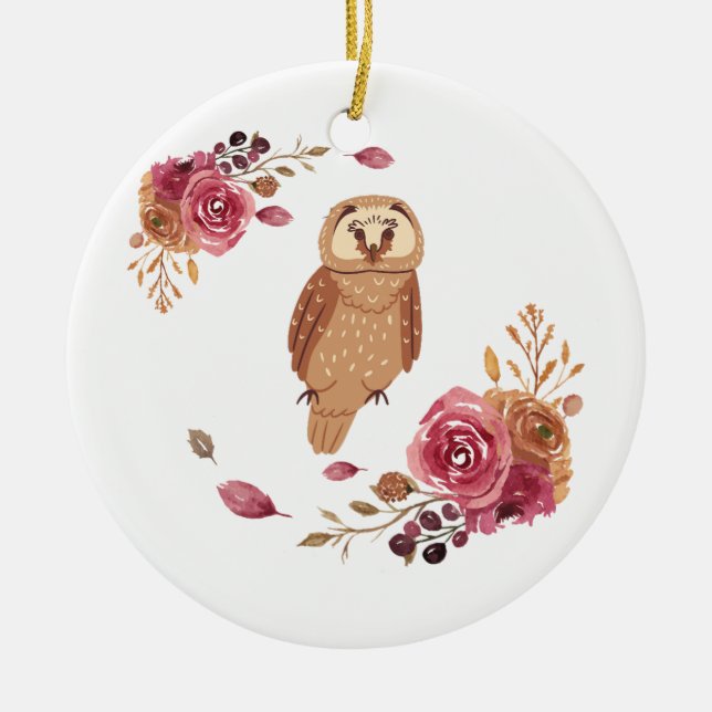 Floral Owl  Ceramic Ornament (Front)