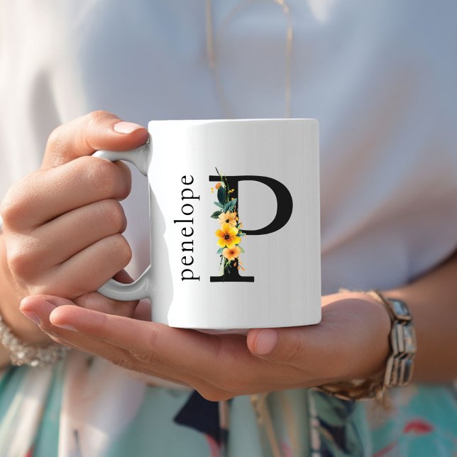 Floral P Monogram Mug with Editable Name (Floral P Monogram Mug with Editable Name. Yellow, Orange & Greenery Watercolor Flowers.)