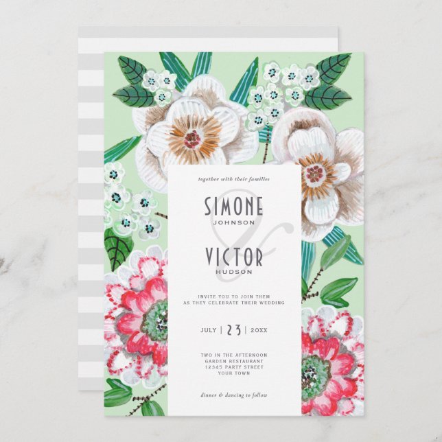 Floral painted green greenery elegant wedding invitation (Front/Back)