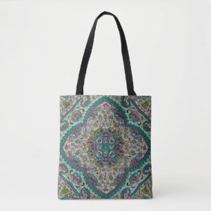 Floral paisley elegant jewel pattern teal purple tote bag