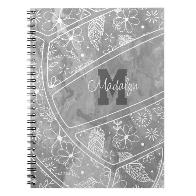 floral paisley feather pattern on grey volleyball notebook (Front)