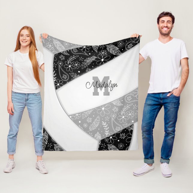 floral paisley feathers black grey volleyball fleece blanket (In Situ)