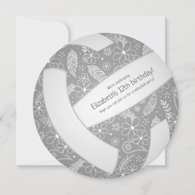 Floral paisley feathers doodles grey volleyball  announcement (Front)