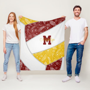 floral paisley feathers maroon gold volleyball fleece blanket