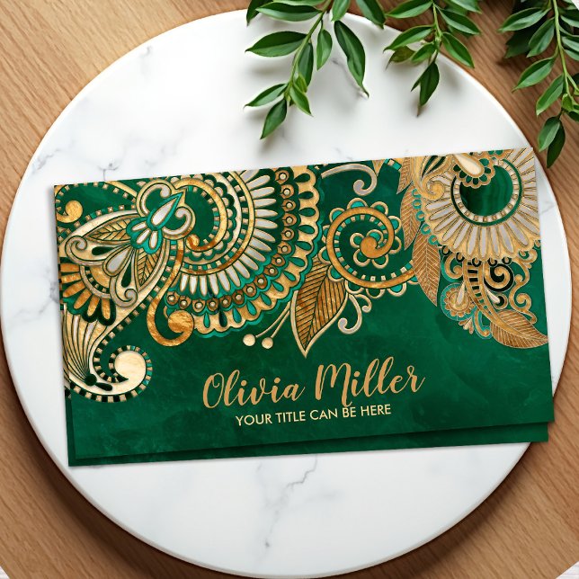 Floral Paisley Ornament Malachite and Gold Business Card (Creator Uploaded)