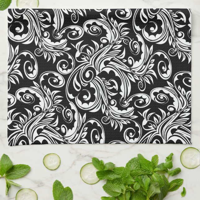 Floral paisley pattern black white tea towel (Folded)