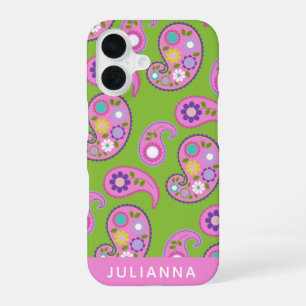 Floral Paisley Pattern Pink Green Personalised iPhone 16 Case
