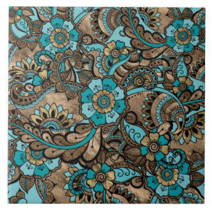 Floral Paisley Pattern - teal and golds Ceramic Tile