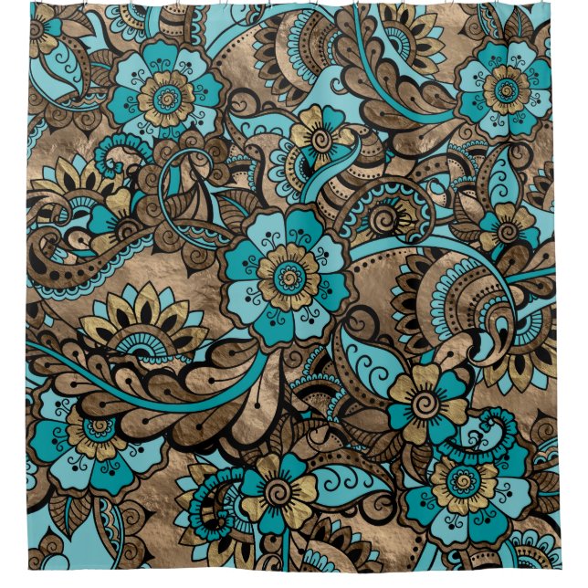 Floral Paisley Pattern - teal and golds Shower Curtain (Front)