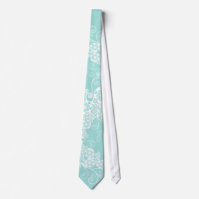 Floral Paisley White Aqua Stylish Custom Gift Tie (Front)