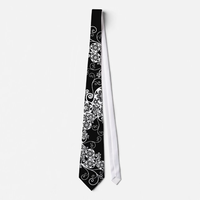 Floral Paisley White Black Stylish Wedding Tie (Front)