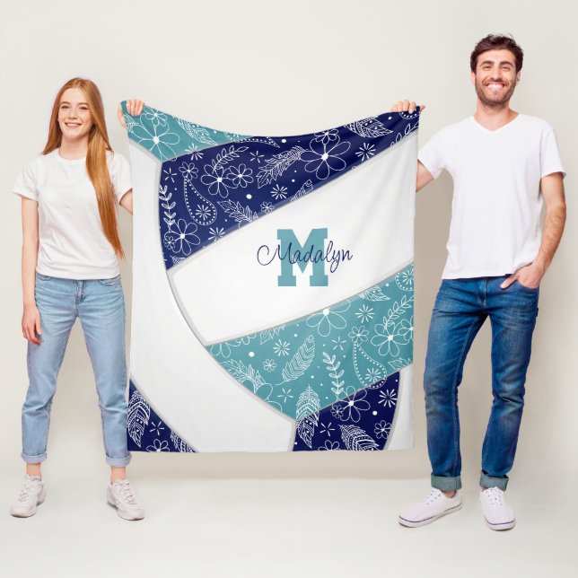 floral paisleys pattern navy blue teal volleyball fleece blanket (In Situ)