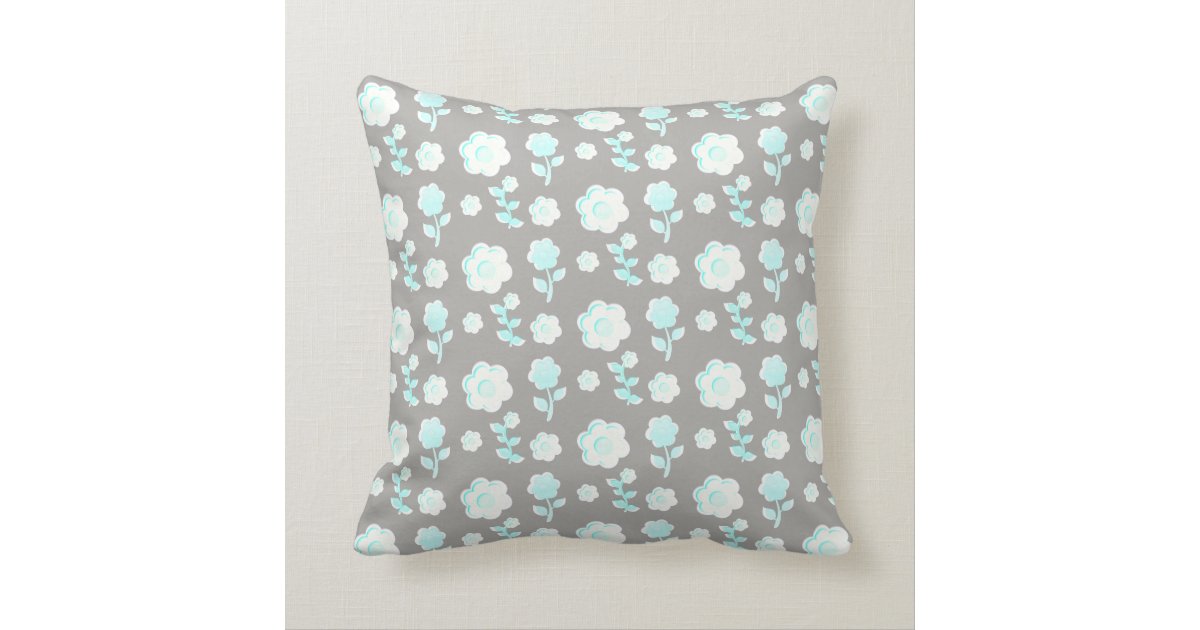 Floral, pale aqua on grey, personalised throw pillow Zazzle