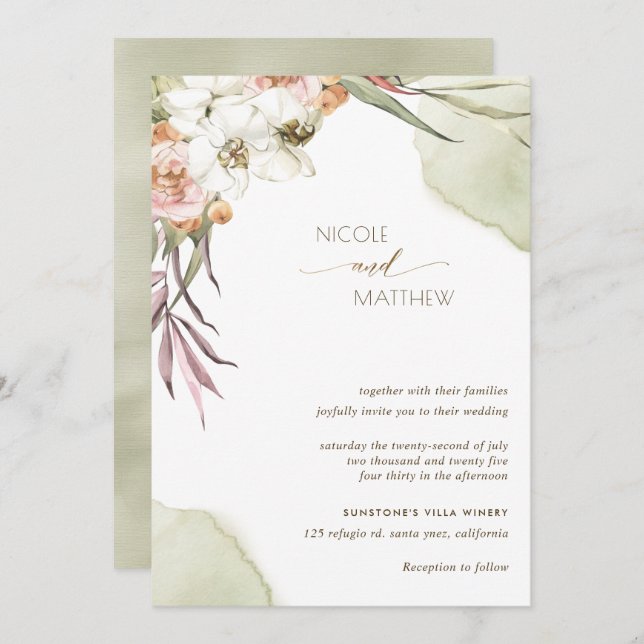 Floral Palm Leaves, Green and Peach Wedding Invitation (Front/Back)