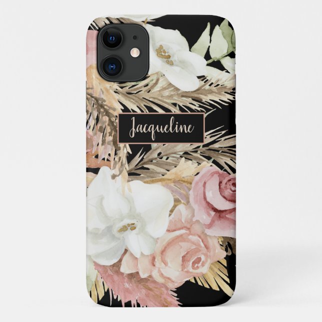 Floral Palm Pampas Grass Black Blush Greenery Name Case-Mate iPhone Case (Back)