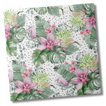 Floral Palm Watercolor Botanical Tropical Pattern Ceramic Tile<br><div class="desc">A tropical design that embraces the tranquil beauty of nature mixed with a playful edge. A blend of calming green tropical leaves, including banana leaves, palms, monstera leaves, and pink princessa plants, alongside soothing purple-pink orchid flowers and protea bloom, intertwined with various other foliage. Adding an element of fun, a...</div>