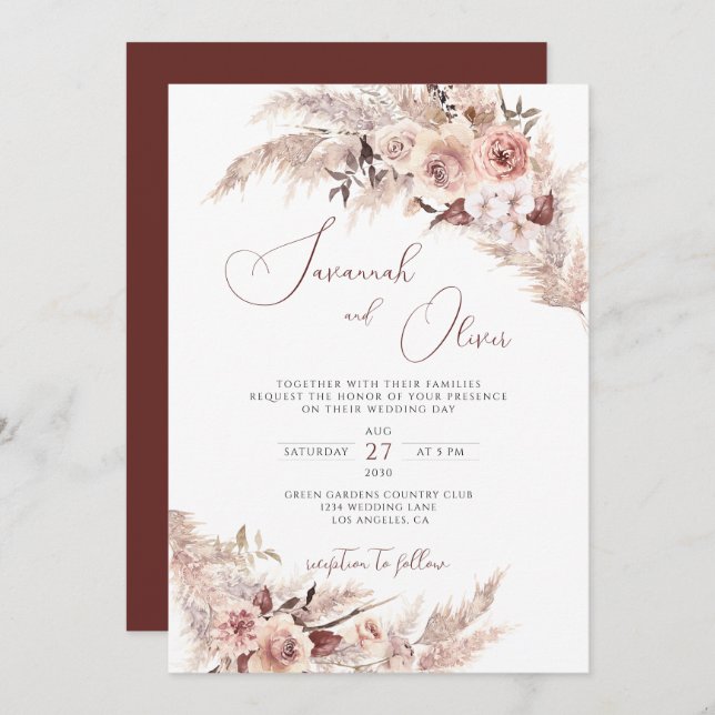 Floral Pampas Grass Boho Rust Earthy Wedding  Invitation (Front/Back)