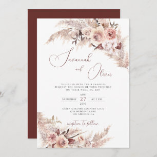 Floral Pampas Grass Boho Rust Earthy Wedding  Invitation