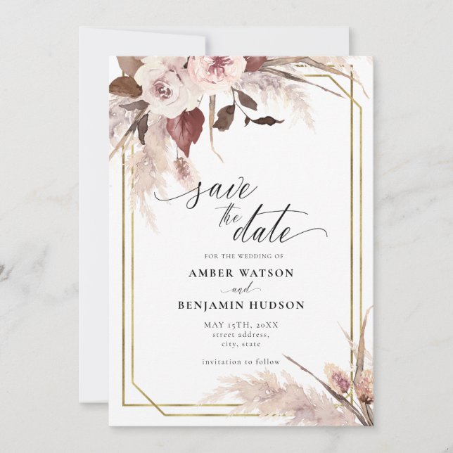 Floral Pampas Grass Boho Wedding Save The Date Inv Invitation (Front)