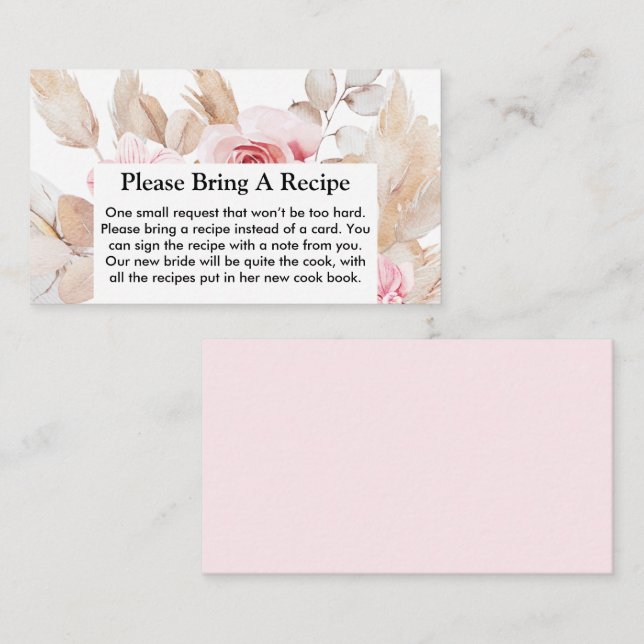 Floral Pampas Grass Bridal Shower Recipe Request Business Card (Front/Back)
