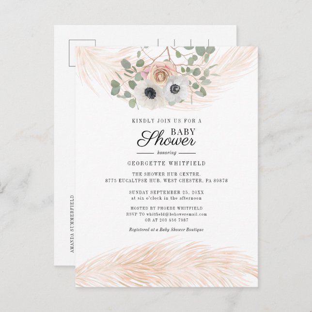 Floral Pampas Grass Girl Baby Shower Invitation Postcard (Front/Back)