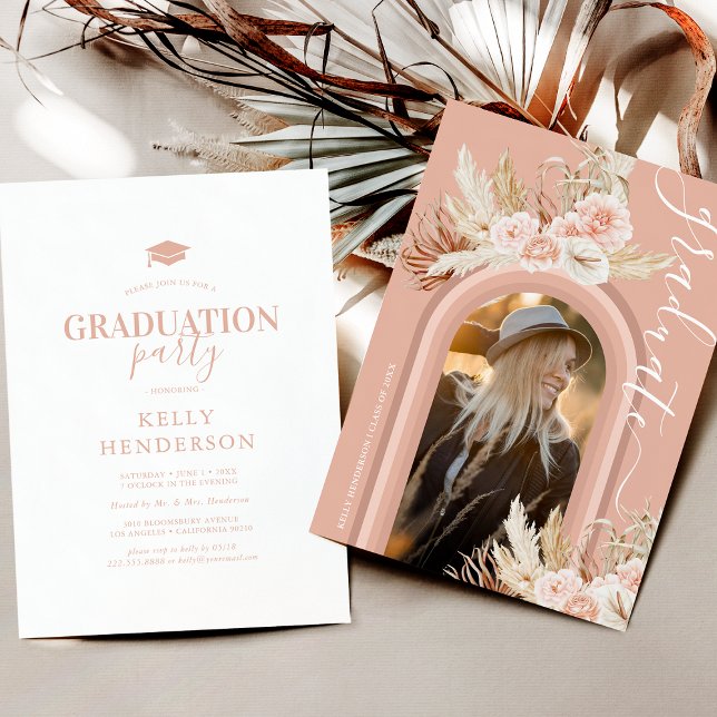 Floral Pampas Grass Photo Graduation Invitation (Creator Uploaded)